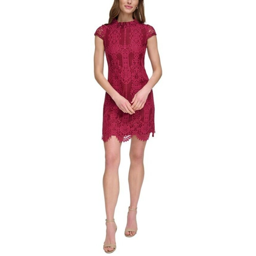 Vince Camuto Women's Lace Mock-Neck Shift Cocktail Dress Burgundy Wine Red